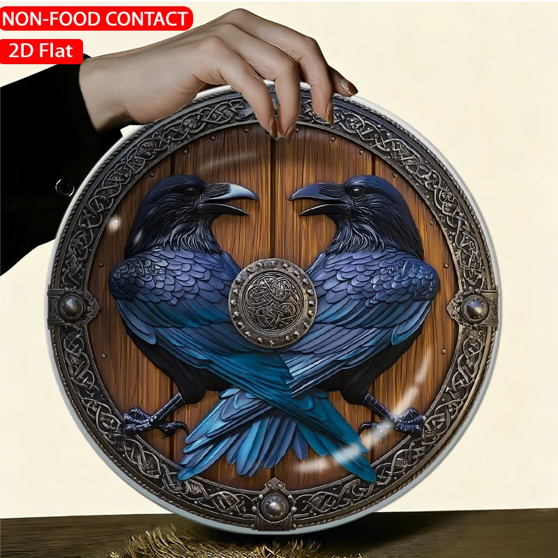 1pc Elegant Ceramic Decorative Plate-Celtic Shield with Two Ravens Blue Theme Design Non-food Contact, Home Desk Ornaments,