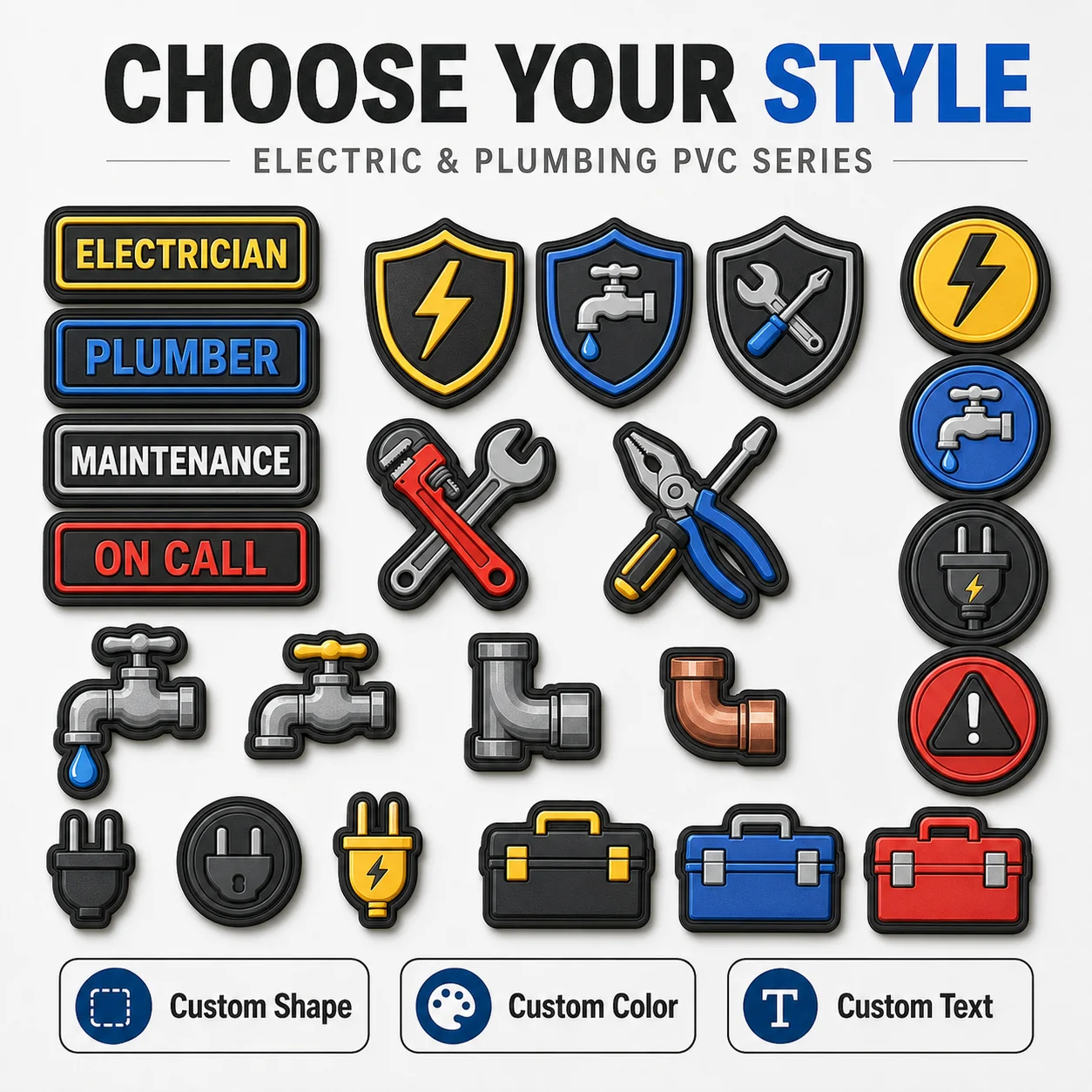 Custom Electrical Plumbing PVC Patches Pipe Wrench Faucet Plug Multimeter Soft Rubber Hook and Loop for Bags Jackets Workwear