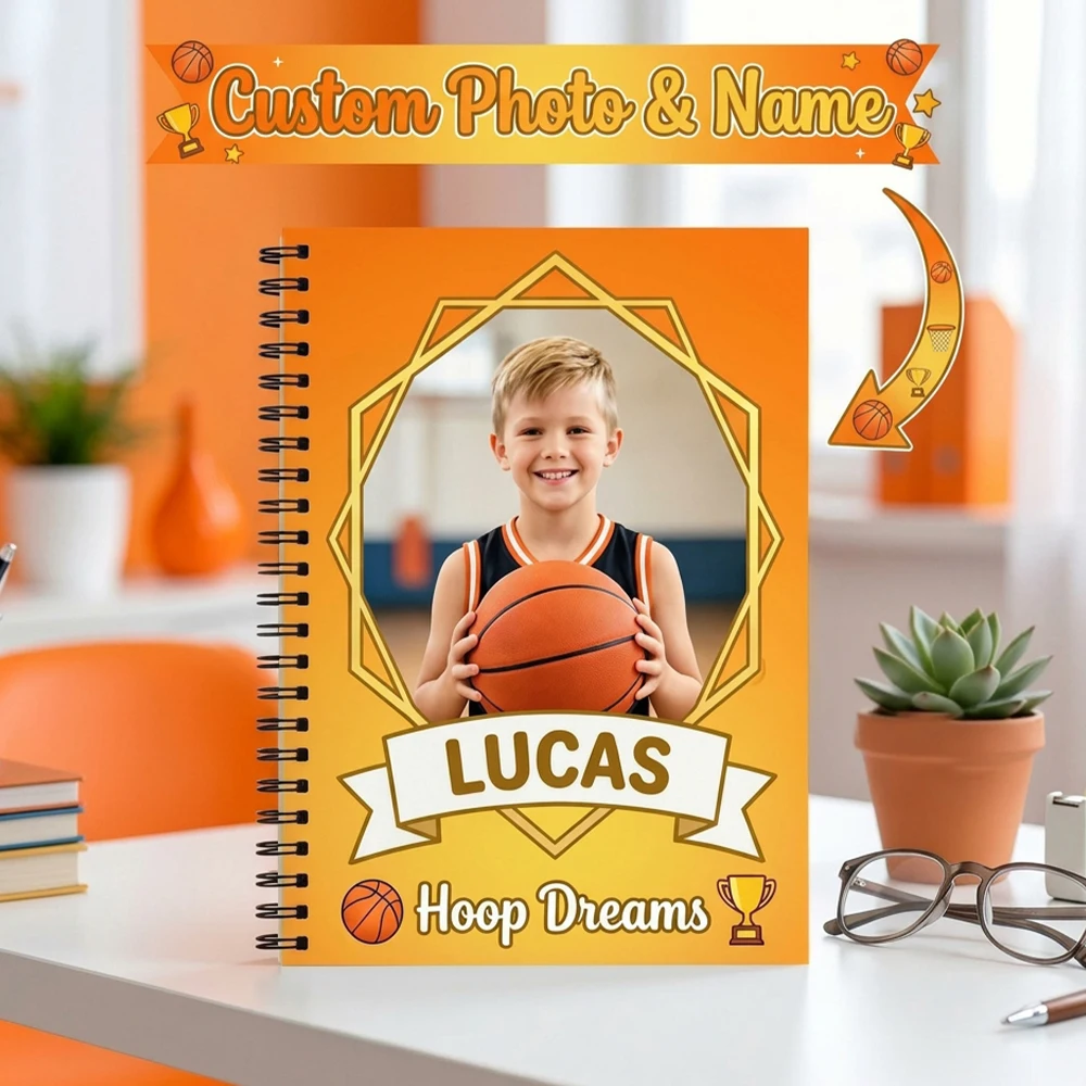 1pc Custom Name Photo Spiral Journal Notebook,Basketball Golden Frame,Note Taking Log Book,Holiday Surprise Gift, Journaling