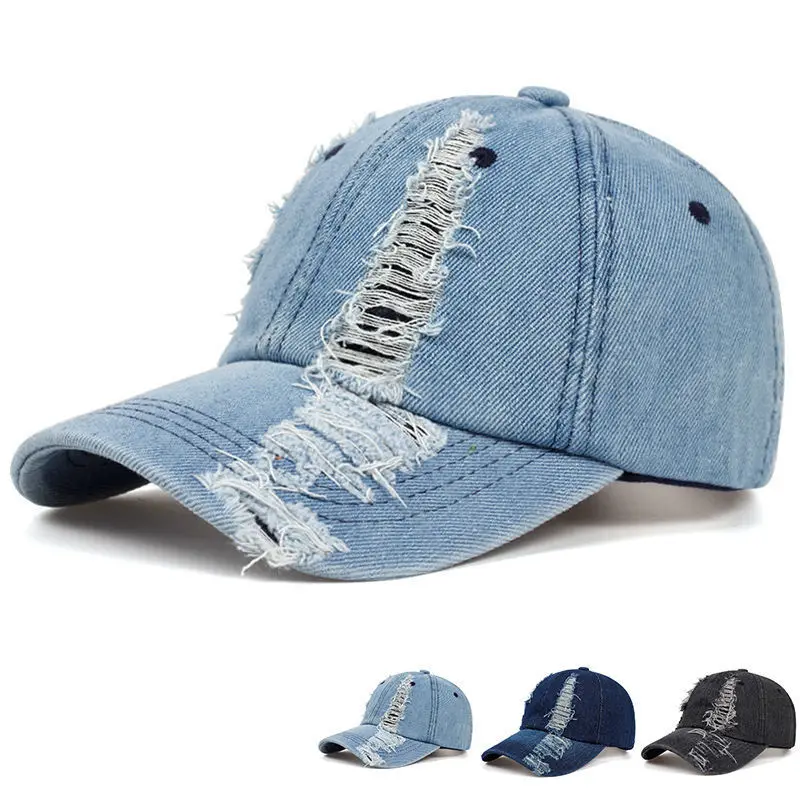 Holed Baseball Caps Vintage Washed Distressed Cap Fashion Sports Denim Hats Plain women Men Dad Caps