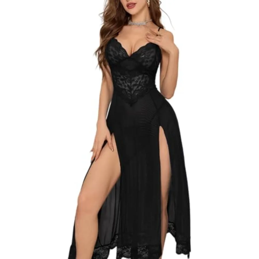 

Women Lingerie Lace Floral Sheer Babydoll Nightgown for Women Sexy Mesh Nightdress V Neck Nightwear Side Split