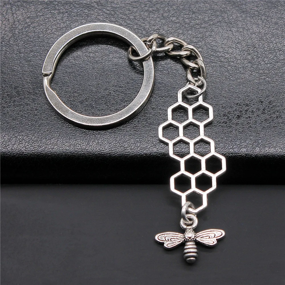 New Fashion Men Keychain Dropshipping Vintage Antique Silver Color 45x15mm Honeycomb Bee Pendant Gift