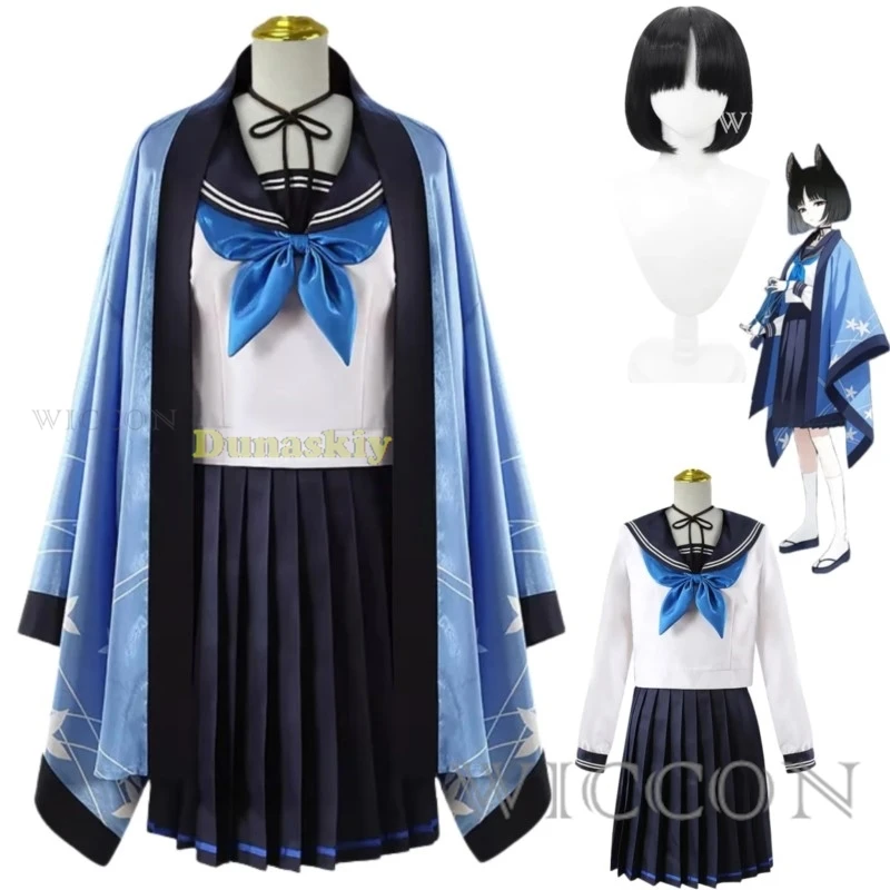 Game Blue Archive Kikyo Cosplay Costume Kikyo Wig Ear Headwear Halo Blue Sailor School Uniform Cloak Shawl Woman Halloween Suit