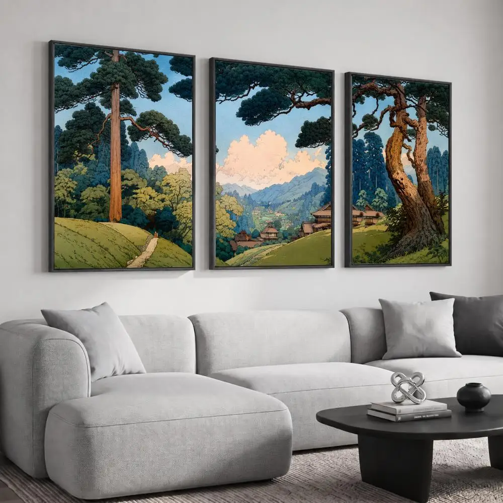 Japanese Ukiyo-e Pine Mountain Painting Calligraphy Canvas Poster Set Wall Art for Bedroom Living Room Home Decor Decals Gift