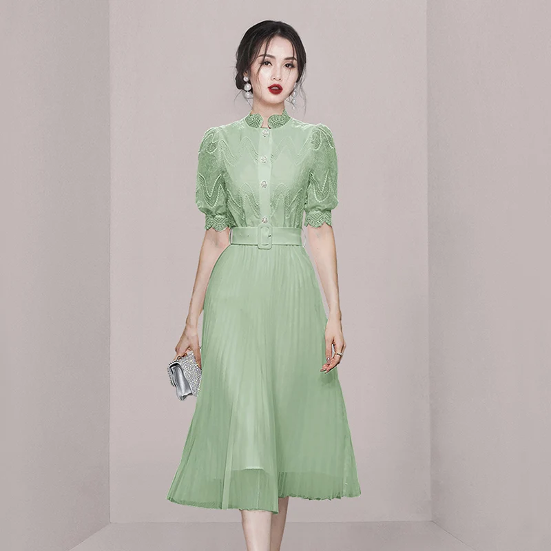 

Designer Fashion Women Stand Collar Dress Elegant Summer Mesh Lace Patchwork Hollow Out Embroidery Belt Pleated Midi Vestidos