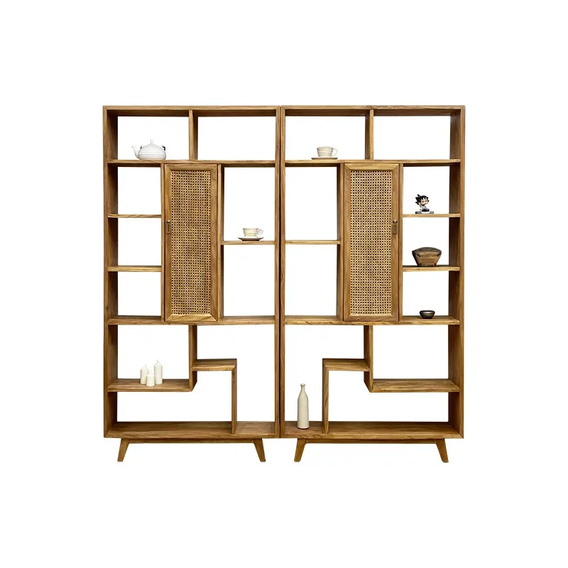 Wabi-sabi style solid wood Bogu frame living room modern simple bookcase home rattan display cabinet floor-to-ceiling homestay