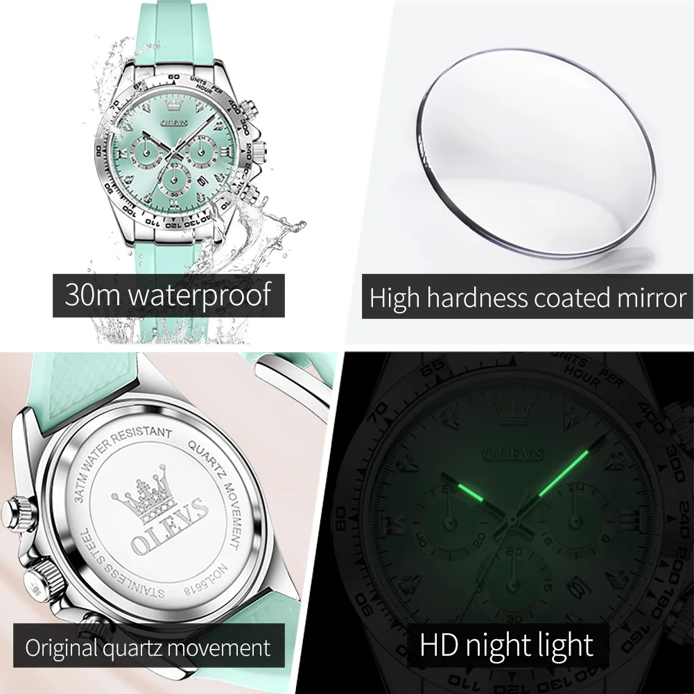OLEVS Top Brand Women's Watches Comfortable Silicone Strap Original Quartz Wristwatch for Lady Waterproof Luminous Chronograph