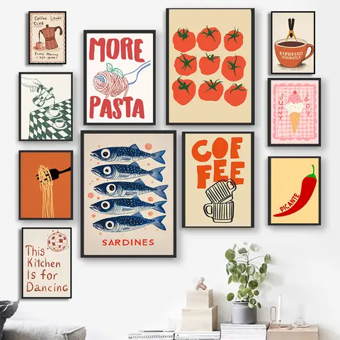 Kitchen Pasta Coffee Tomato Canvas Printing Moka Pot Espresso Art Poster Print for Modern Living Room Dining Room Home Decor