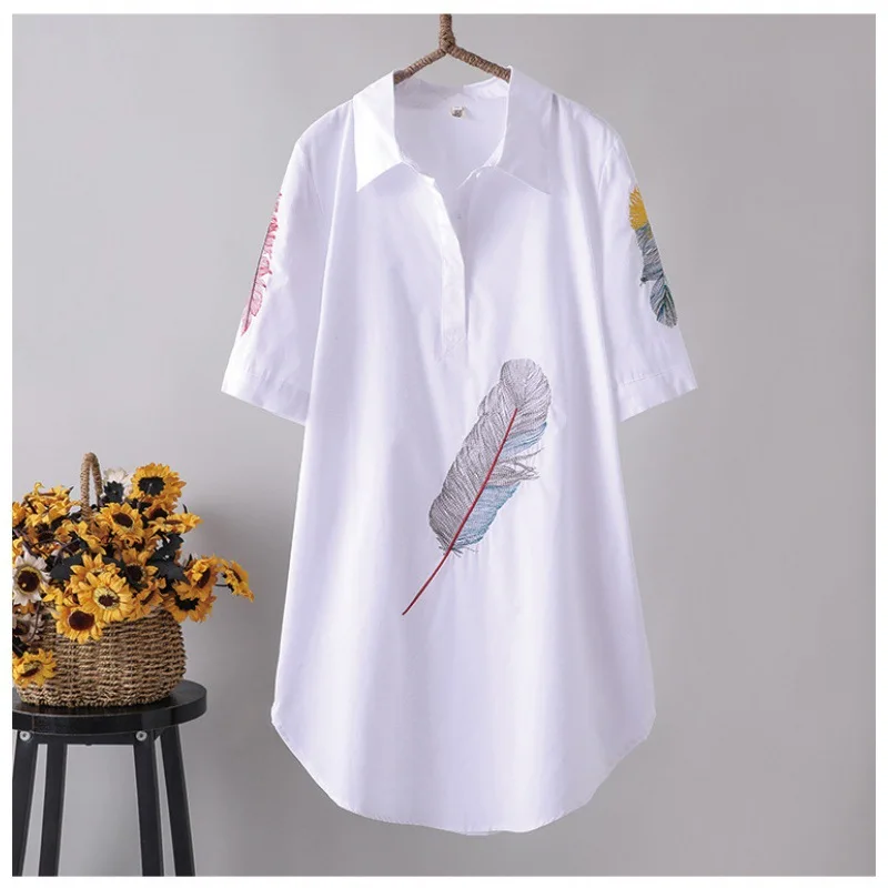

2025 Summer New Size Feather Embroidered Short Sleeve Shirt Retro Art Long Top Hooded Tops For Women