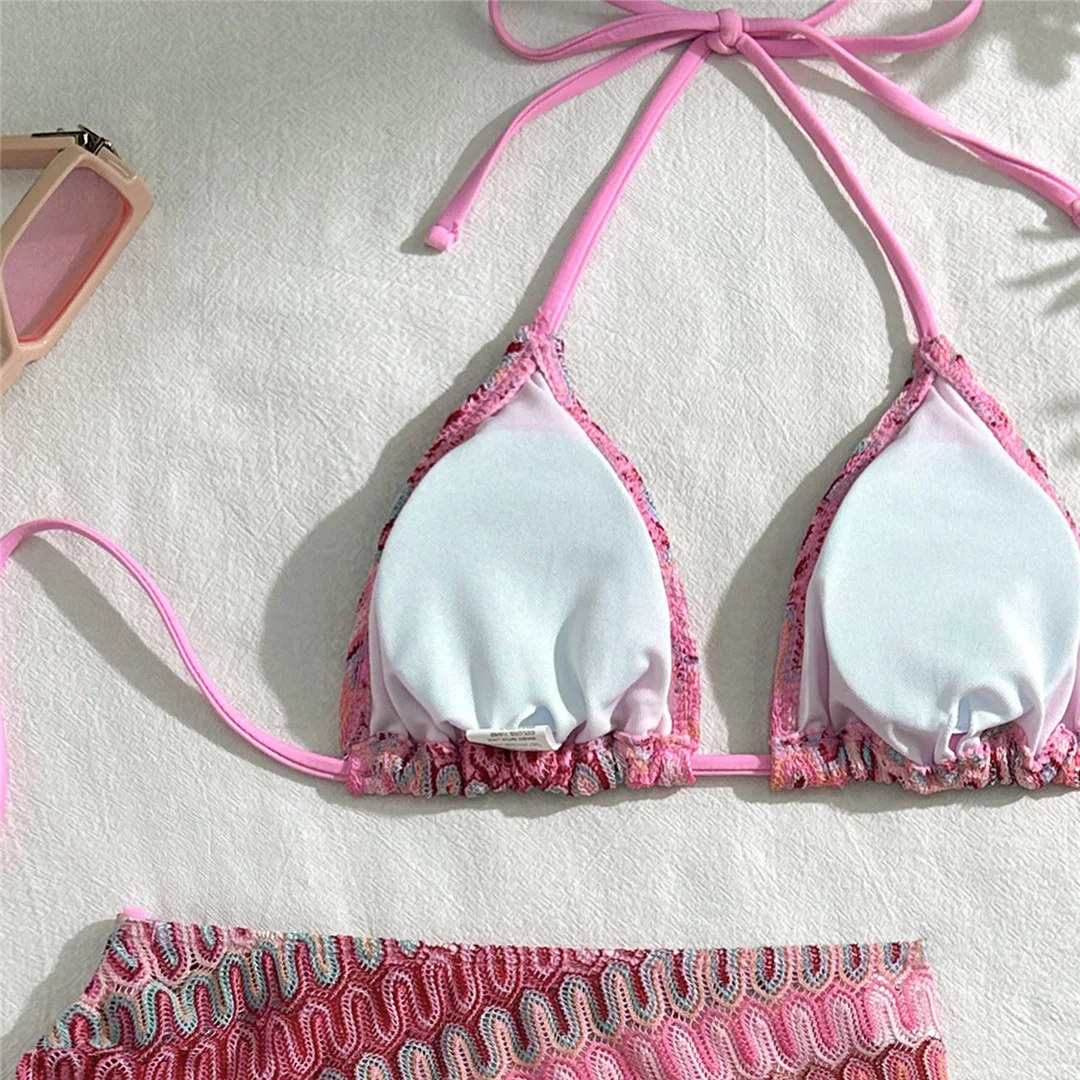 Bedruckter Neckholder-Bikini mit Trägern, Damen-Badeanzug, dreiteiliges Bikini-Set mit Rock, Badebekleidung, Badeanzug, Schwimmbekleidung V5921C – Detail 23