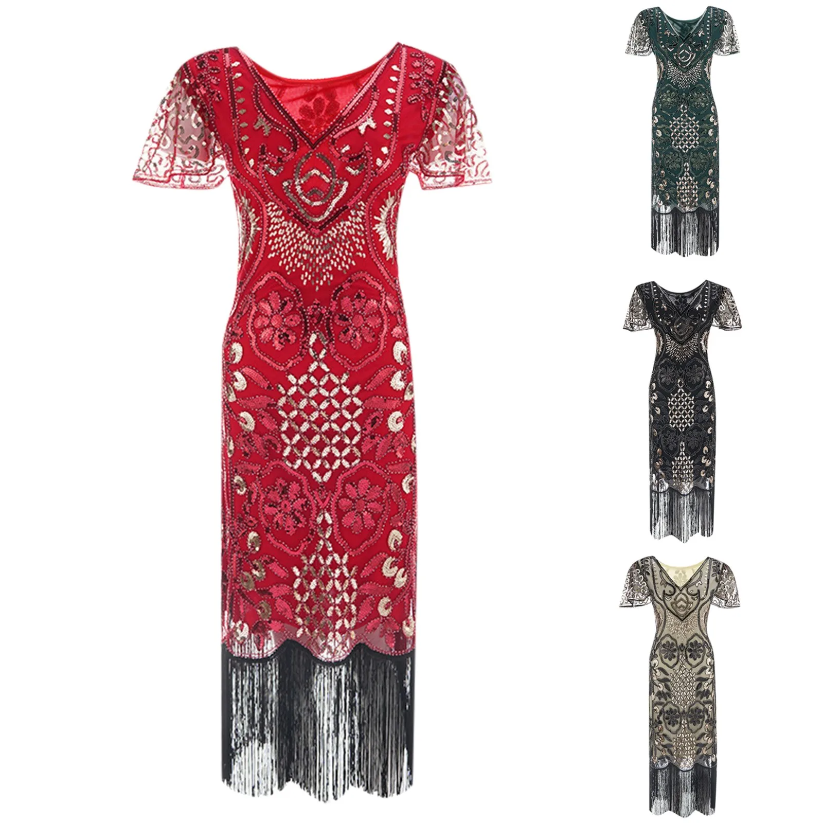 Plus Size 1920s Flapper Brüllen 20s große Gatsby Fransen Pailletten Perlen Kleid und verzierte Art Deco Kleid Accessoires Vestidos