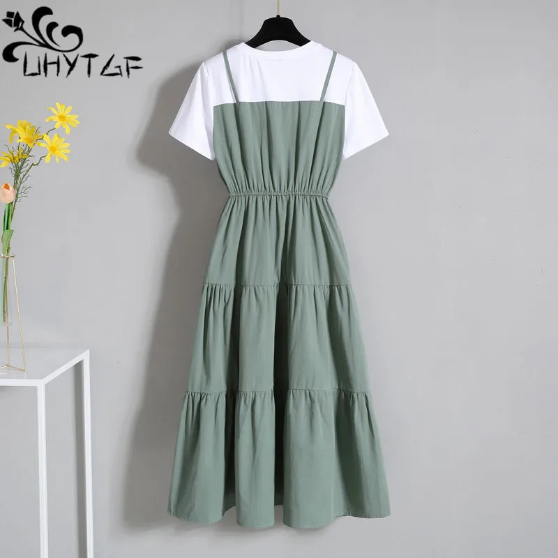 

UHYTGF 4XL Large Size Dress Women Fashion Short Sleeve Stitching Fake Two Summer Dresses Female Japanese Casual A-Line Skirt 358