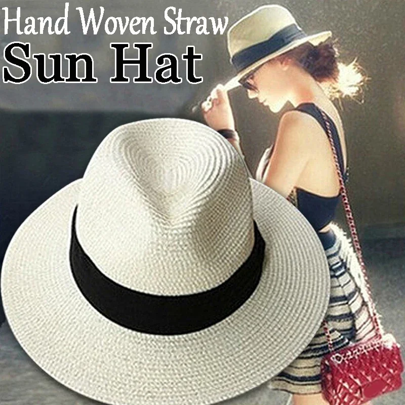 Handwoven Straw Sun Hat Solid Color Summer Beach Vacation Panama Jazz Sunscreen Women Hawaii Trend Sunshade Gangster Bucket Cap