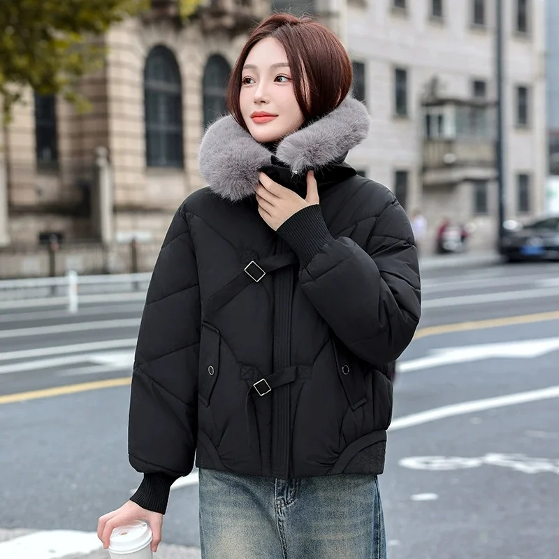 2025 Fashion Big Fur Collar Winter Parkas Women's Short Cotton-padded Jacket Thicken Warm Coat Streetwear Lady Loose Outerwear
