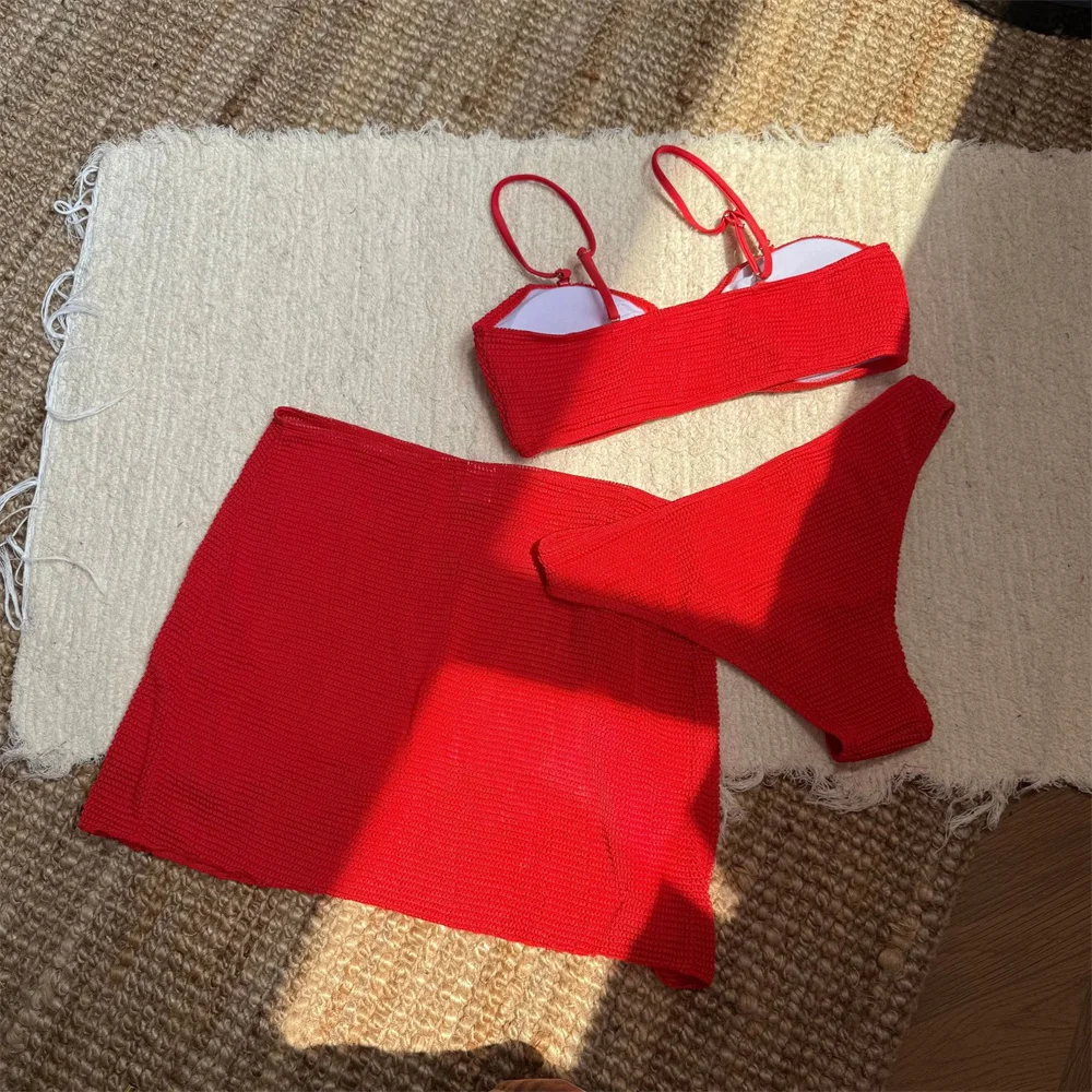 Sexy Bandeau Bikini Sling Swimsuit 3-piece Short Skirt Set Women Metal Buckles Beachwear Vacation Swimwears Bathing Suit Bikinis