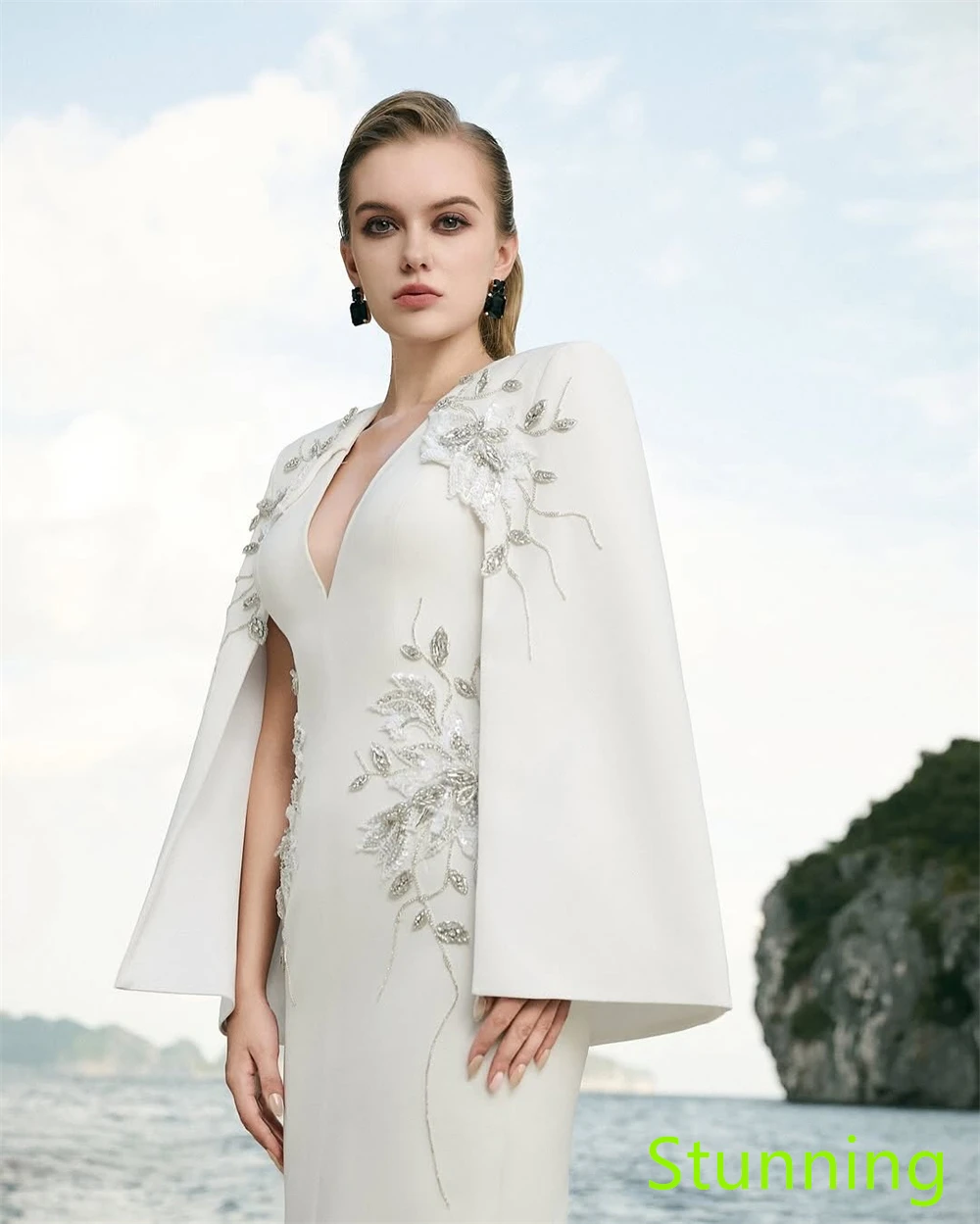 맞춤형 절묘한 화이트 저지 이브닝 드레스 v 넥 3/4 슬리브 연예인 가운 맞춤형 행사 가운 아플리케 고품질