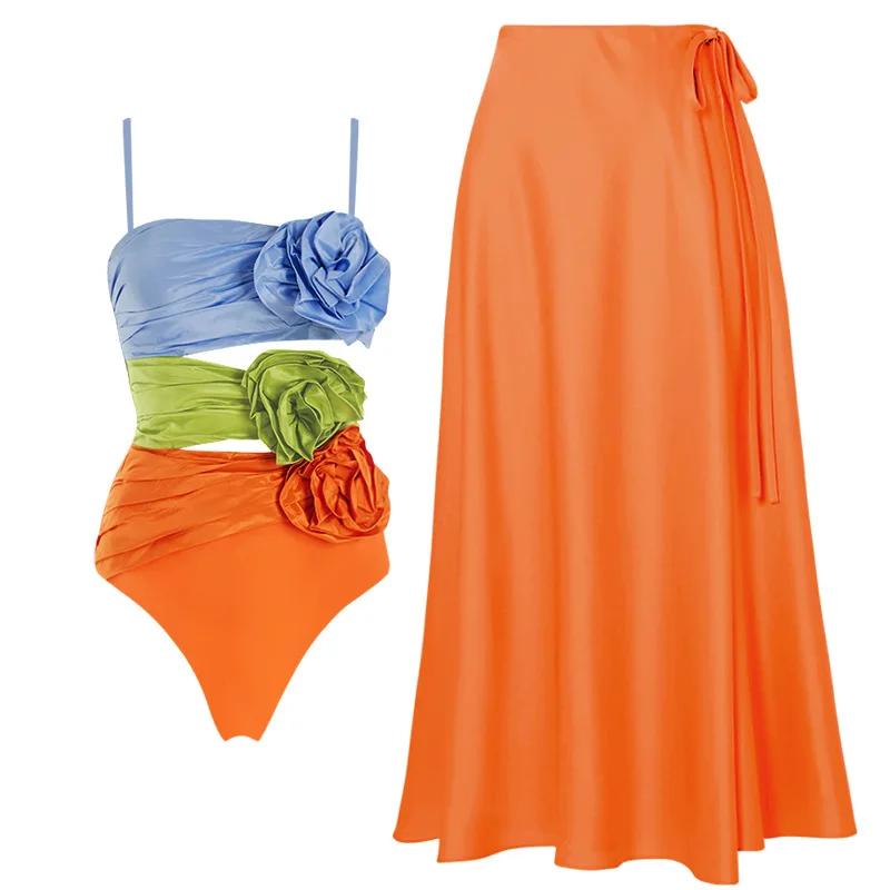 One-piece Women Swimwear Solid Swimsuit  Spliced-color 3D Floral Embellished Sheer Off-shoulder Top swimsuits Beach Dress Style