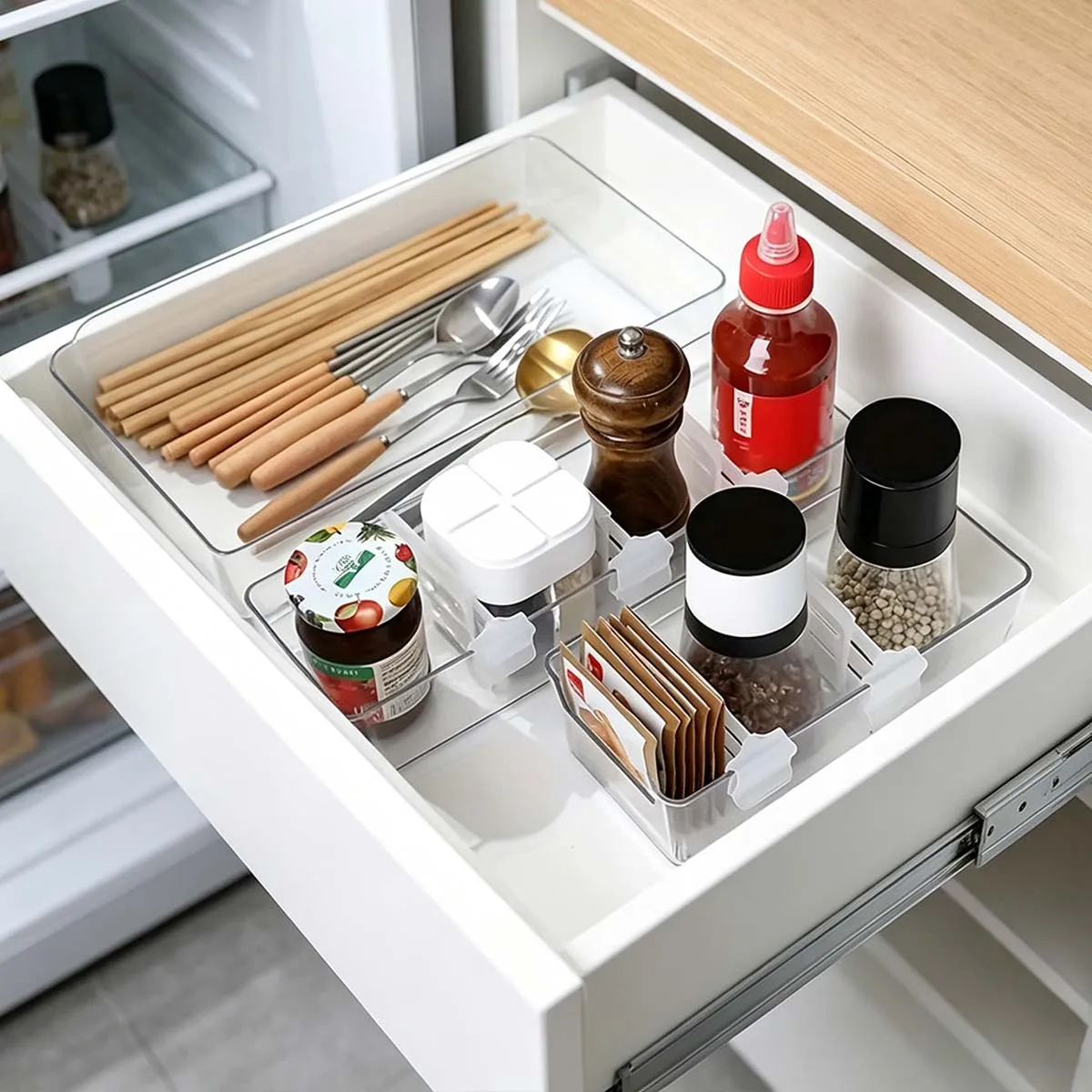 Juego de divisores ajustables para cajones de refrigerador de calidad comercial, transparentes y de combinación libre para ahorrar espacio. Refrigerador