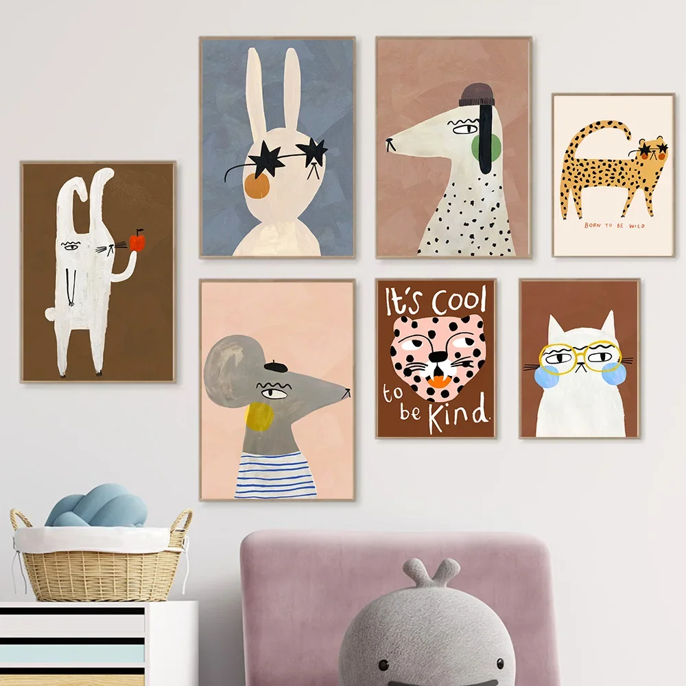 Scandinavo semplice cartone animato Wall Art astratto simpatico gatto coniglio HD tela Poster stampa casa camera da letto soggiorno decorazione