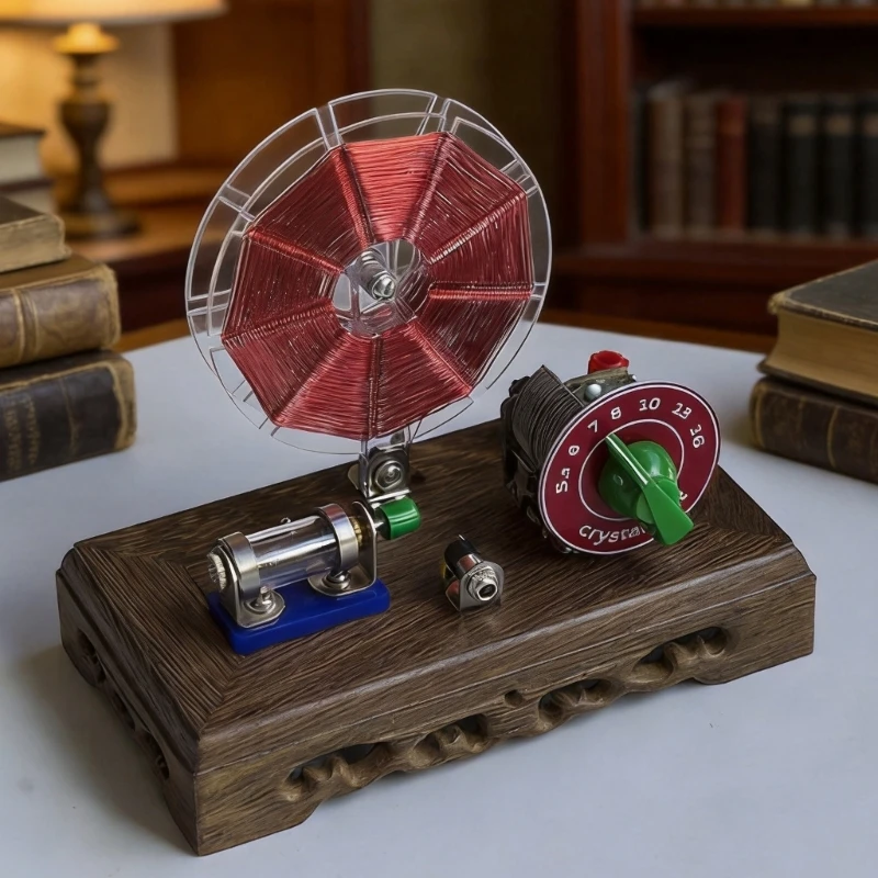 Open-Component Crystal Radio Receiver on a Wenge Base with Visible Controls for Exploration and Desk Collection 896C
