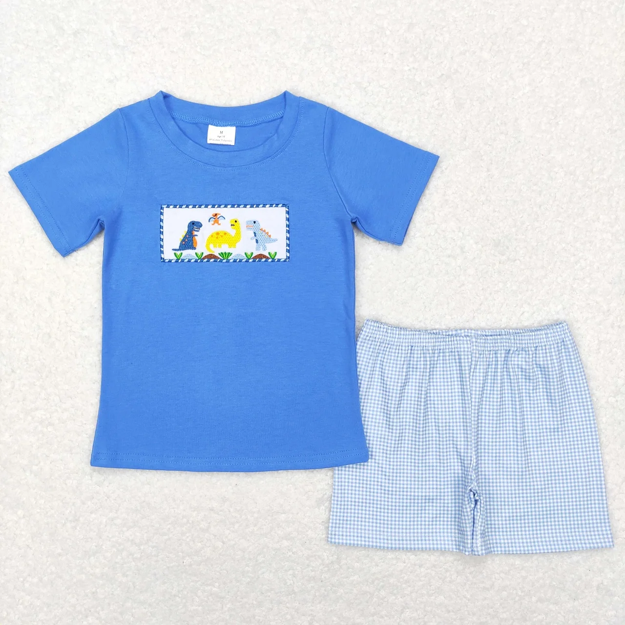 

Wholesale Baby Boy Summer Set Clothing Blue Short Sleeve Embroidery Dinosaurs Shirt Plaid Shorts Children Boutique Kids Outfit