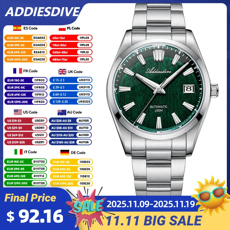 

ADDIESDIVE мужские механические часы 39 мм текстура дерева NH35 роскошные сапфировое стекло водонепроницаемые 100 м светящиеся новые аналоговые часы AD2075