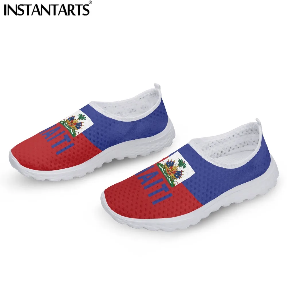 INSTANTARTS New Trend Women Slip-on Mesh Sneakers Haiti Flag Blue with Red Pattern Flat Shoes for Female Lazy Shoes Zapatillas