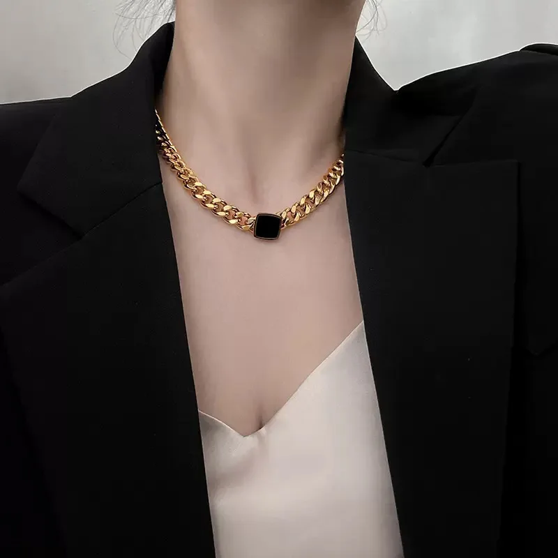 EILIECK 316L Stainless Steel Square Black Necklace For Women New Trendy Thick Neck Chain Waterproof Jewelry Gift Choker Collar