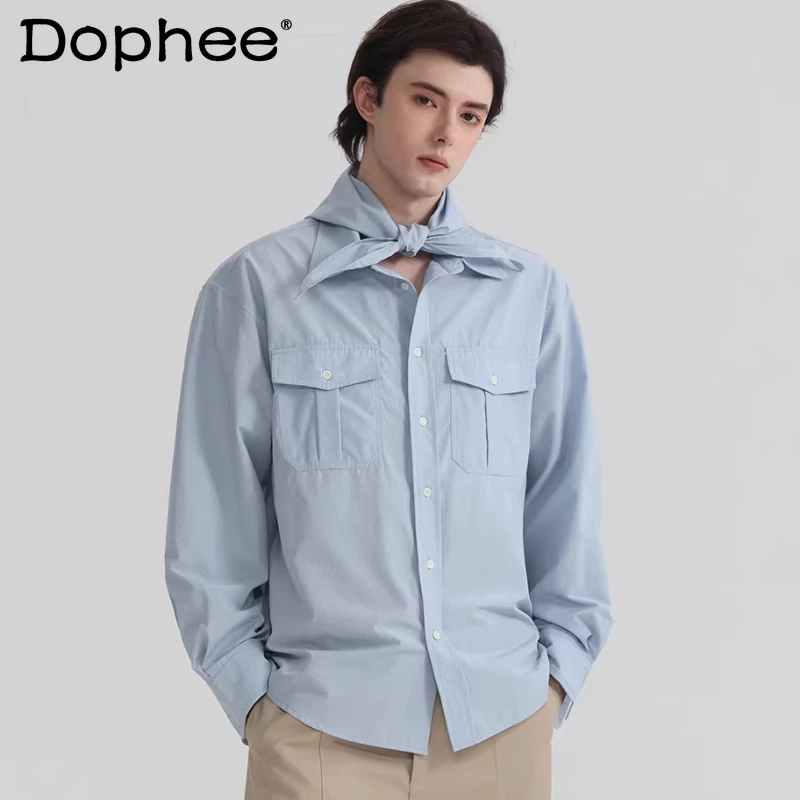 

Мужские рубашки 2026 года: Новинка весенней коллекции, модные, с декоративным шарфом, карманом, отложным воротником, длинным рукавом, простые, стильные, дышащие топы