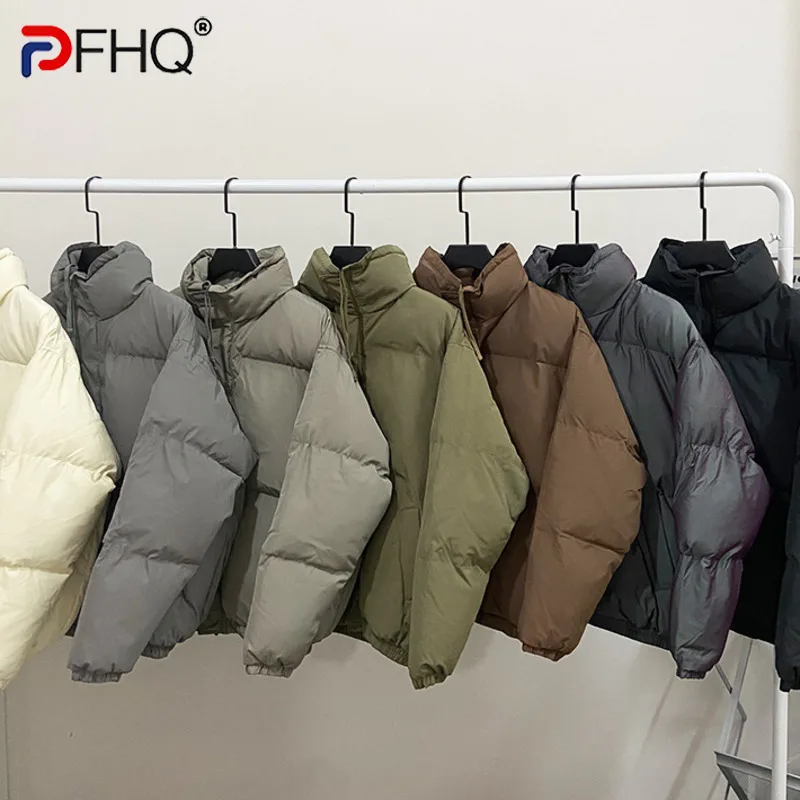 PFHQ Men Cotton Jacket High Street Trendy Winter Bread Coat 2024 Stand Collar Solid Color Long Sleeve Male Tops Casual 21Z7546