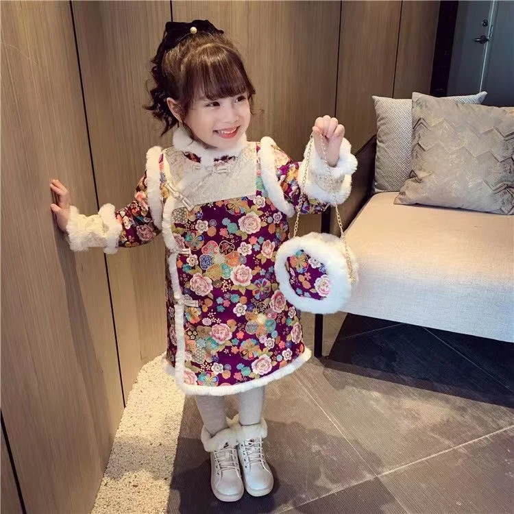 Winter Girls Clothing Kids Princess Tang Cheongsam Qipao Dress Embroidery Cotton-Pad Children Baby Red New Year Wear Vestidos