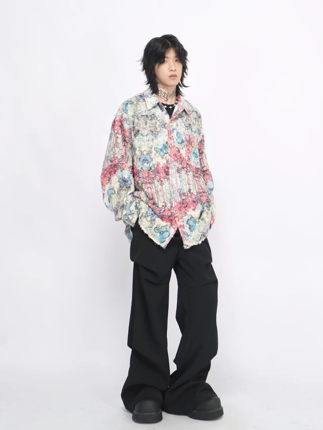 2025 Spring and Autumn New American Retro Design Butterfly Graffiti Print Red and Blue Loose Casual Long Sleeve Shirt