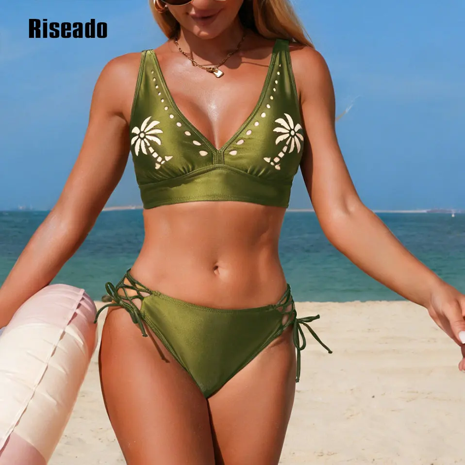 

Women's Bikini Set Two Piece Swimsuit Modest Bathing Suit Petal Hollow V Neck Top String Mid Rise Bottom