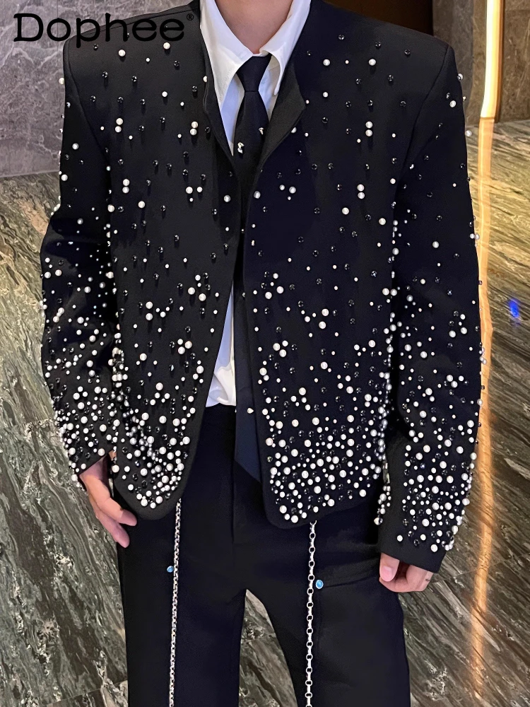 

Men's 2025 Spring Autumn New Original Design Padded Shoulder Jackets Men's Small Fragrant Beaded Diamond Padded Shoulder Jacket