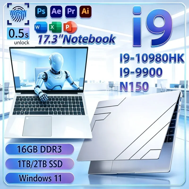 New Trendy 17.3 Inch Gaming Notebook,Hot 2026 Intel I9‑10980HK/I9‑9900/N150 16GB 32GB 2TB SSD Win11 FHD Premium Study Laptop