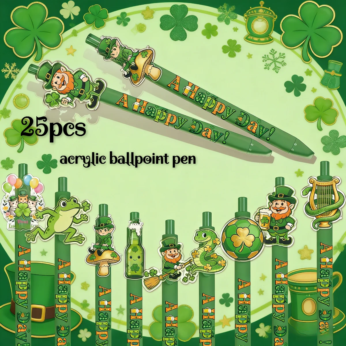 

18PCS/25PCS St. Patrick's Day Theme Acrylic Ballpoint Pens Student Office Portable Stationery Creative Design round Pens