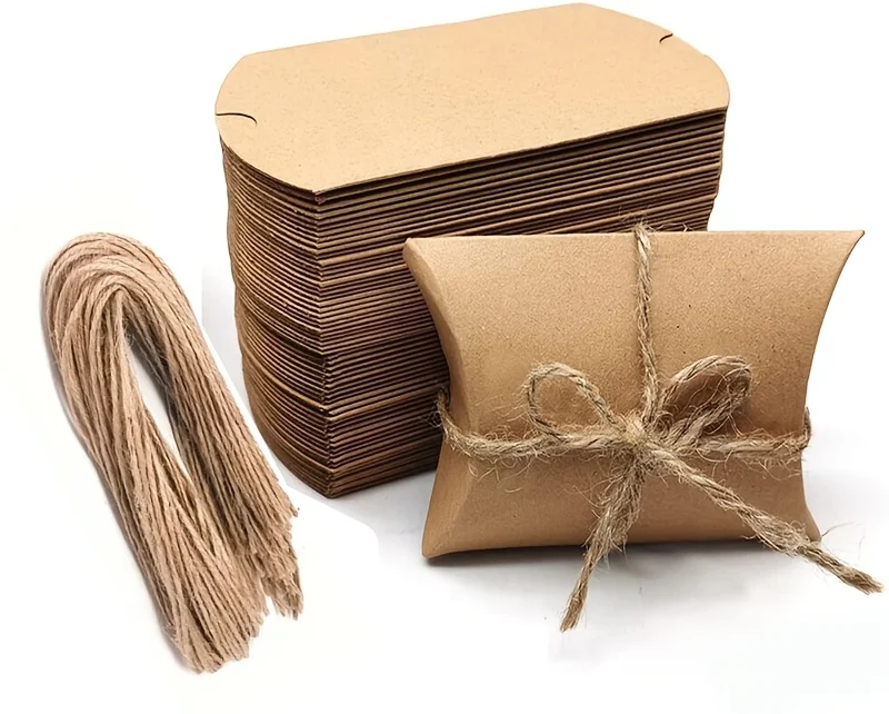 50 Stück rustikale Kraftpapier-Kissen-Mini-Süßigkeitsschachteln mit Schnur – ideal für Hochzeitsgeschenke, Partygeschenke und Brautpartys – Detail 3
