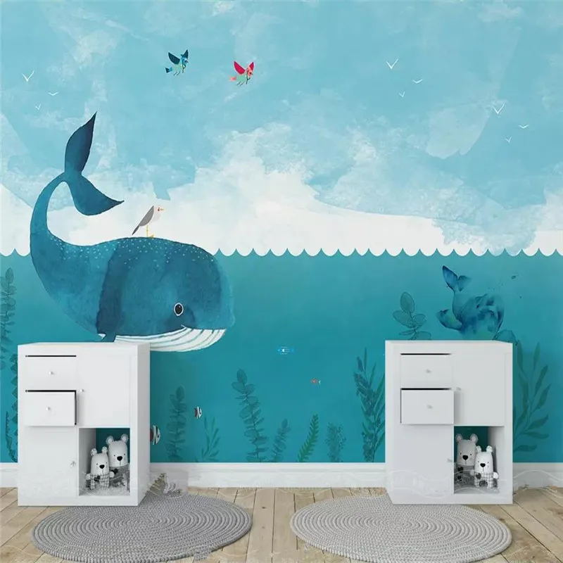 Customized product Nordic simple cartoon whale sea children house wallpaper mural Living room sofa TV background wall bedroom 3d