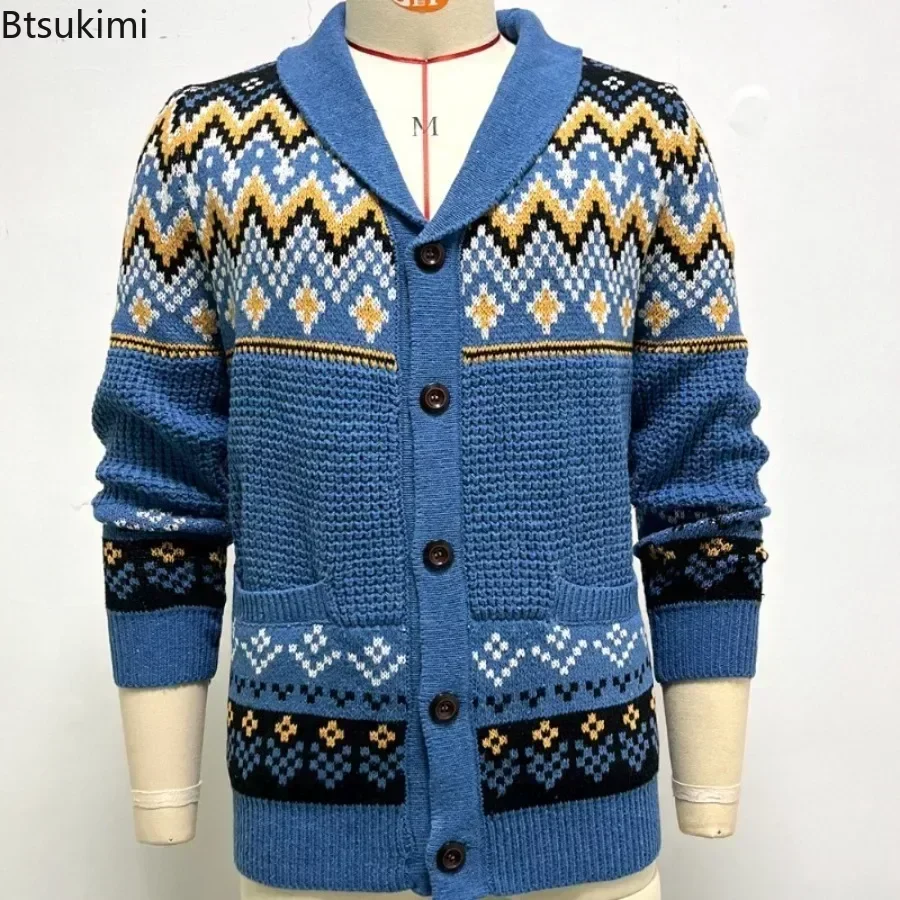 2025 Men's Winter Knitted Sweater Jacket Vintage Jacquard Cardigan Sweaters Lapel Single Breasted Knitted Sweater Coats for Men
