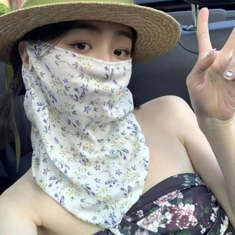 

Summer Flowers Sunscreen Mask Full Face UV Protection Female Thin Face Cover Veil Neck Protector Sun Visor