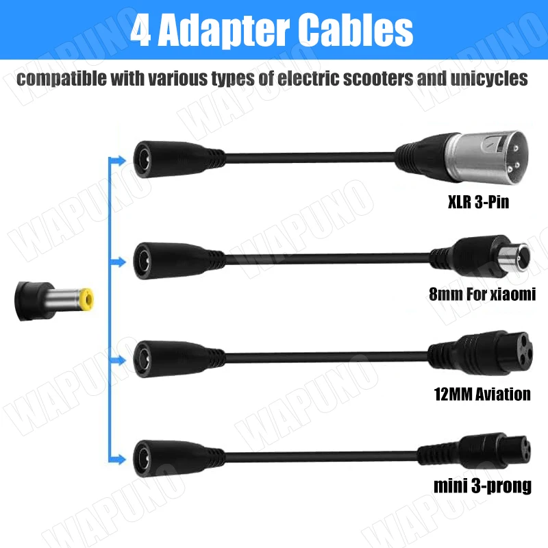 42V 2A Electric Vehicle Charger DC 5.5x2.5mm with XLR 3-Pin 8mm Xiaomi 12mm Aviation 3-Prong Adapter For 36V 10S Li-ion Battery
