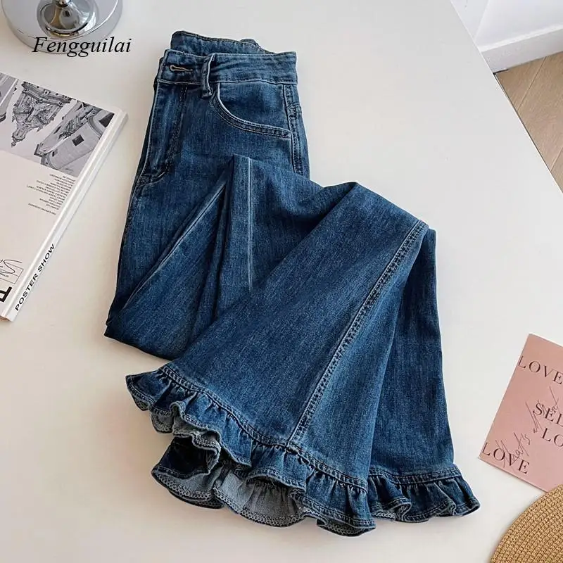 Flared Wide Leg Denim Jeans Women's High Waist Vintage Style Patchwork Medium Softness Ladies Loose Fit Jeans