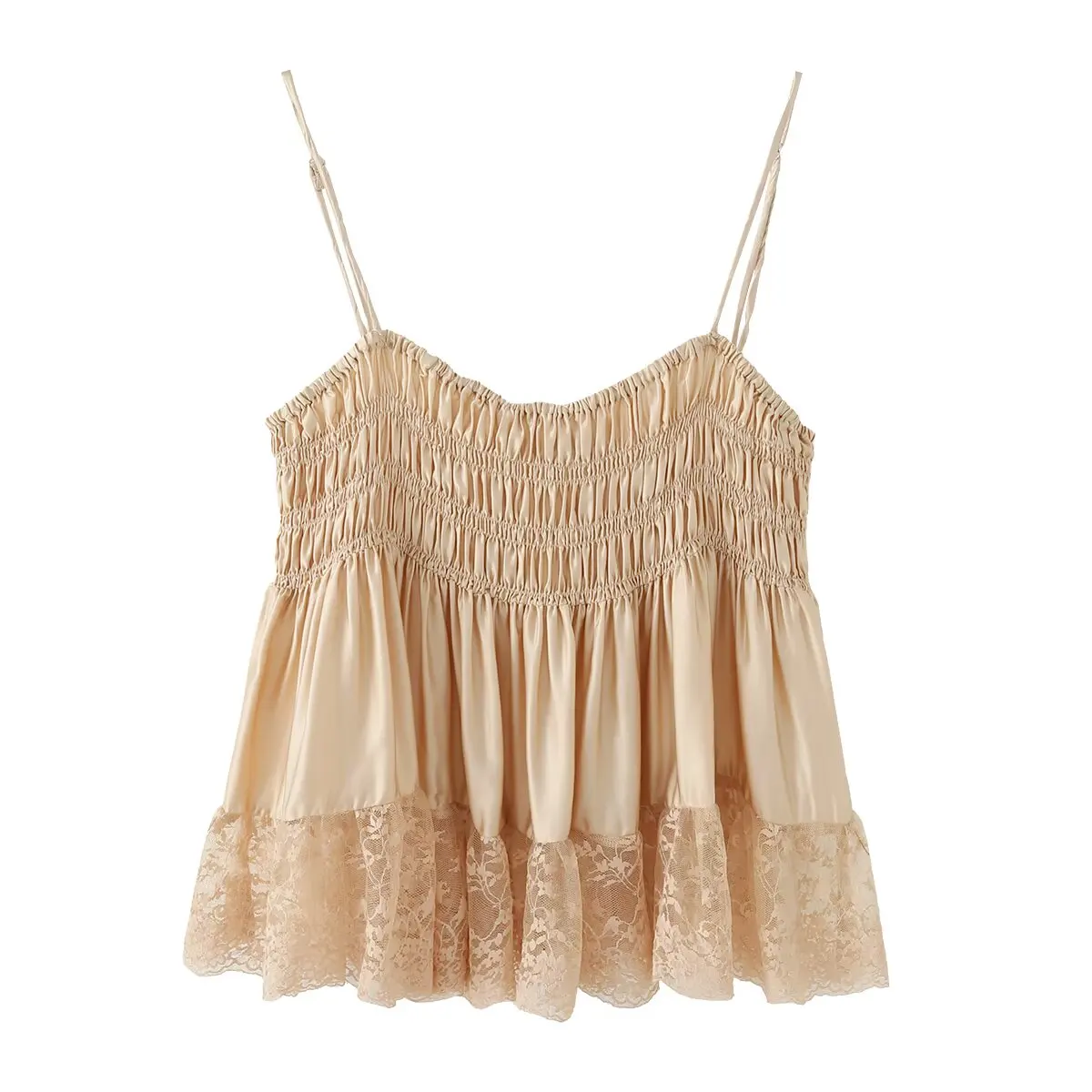 Nlzgmsj 2026 Sexy Damen Smock-Top mit Spitzenbesatz, Spaghettiträgern, einfarbig, Rüschensaum, ärmellos, lässiges Camisole-Oberteil – Detail 2