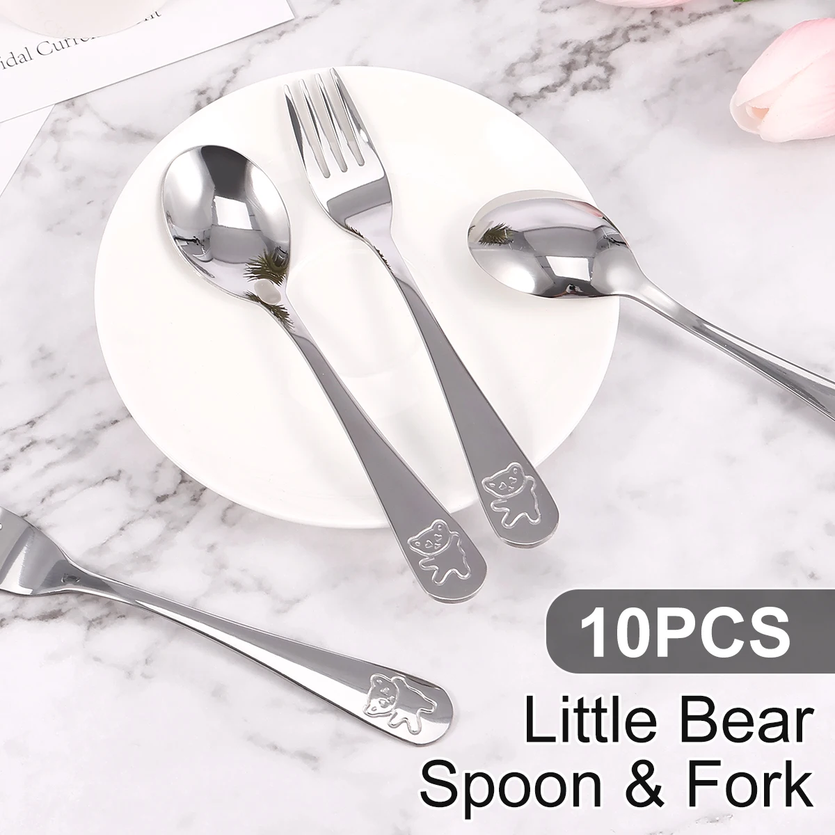 10Pcs Kids Spoon Fork Set Stainless Steel Toddler Utensils Cute Cartoon Bear Kids Flatware Dishwasher Safe for Children Toddler