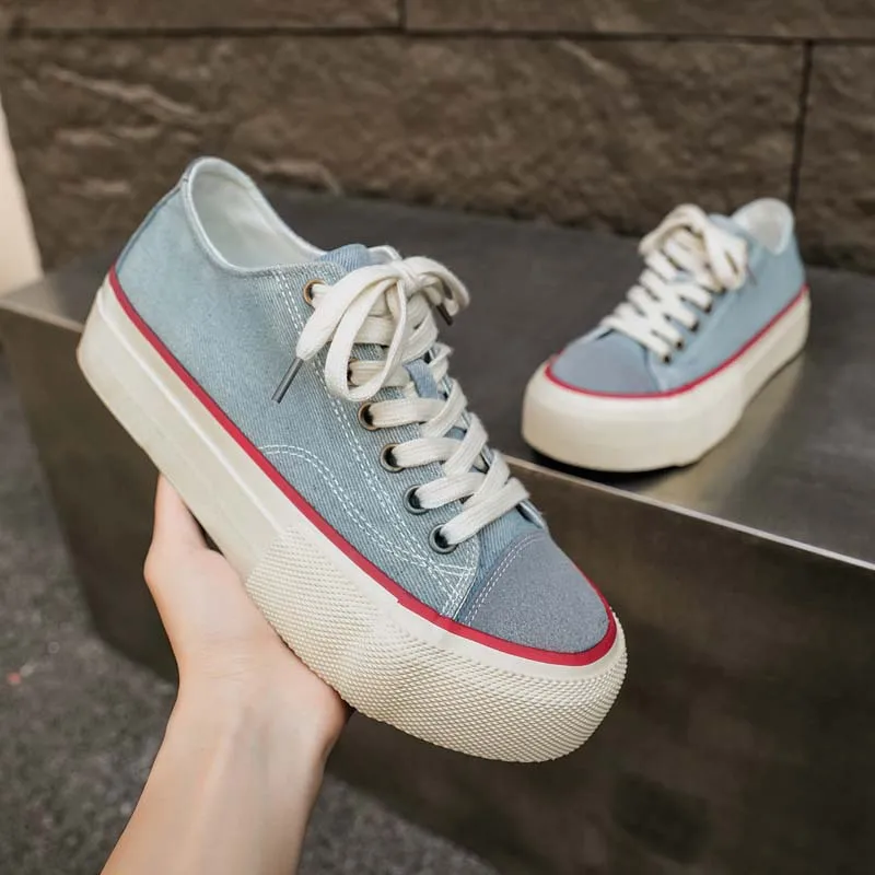 Men's Denim Platform Canvas Sneakers Thick Midsole New Skate Shoes Vintage Streetwear Breathable Walking Flats Кроссовки Мужские