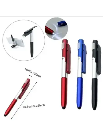4 In 1 Multifunction Ballpoint Pen with LED Light Fold Phone Holder Night Read Writing Pencil Office School Student Stationery