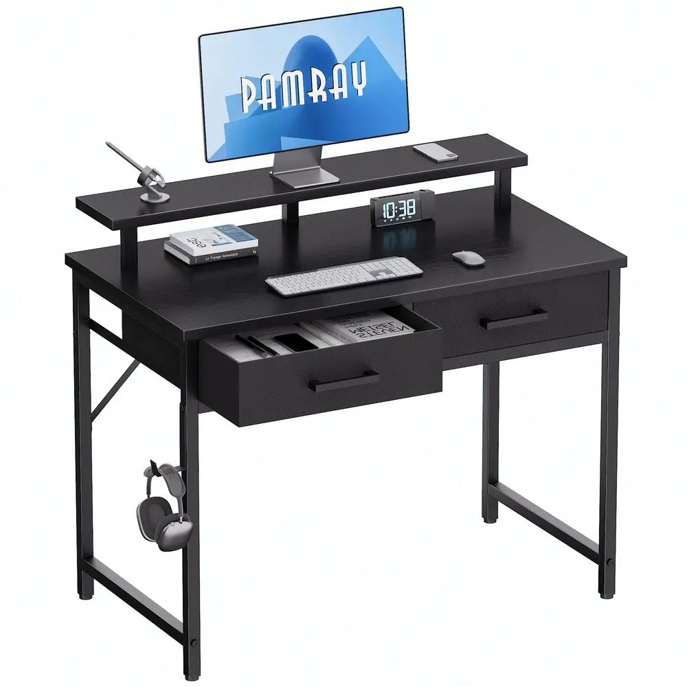 

32 Inch Small Computer Desk with Monitor Stand Home Office Desks with 2 Drawers for Bedroom Study Writing and Work Table for Sm