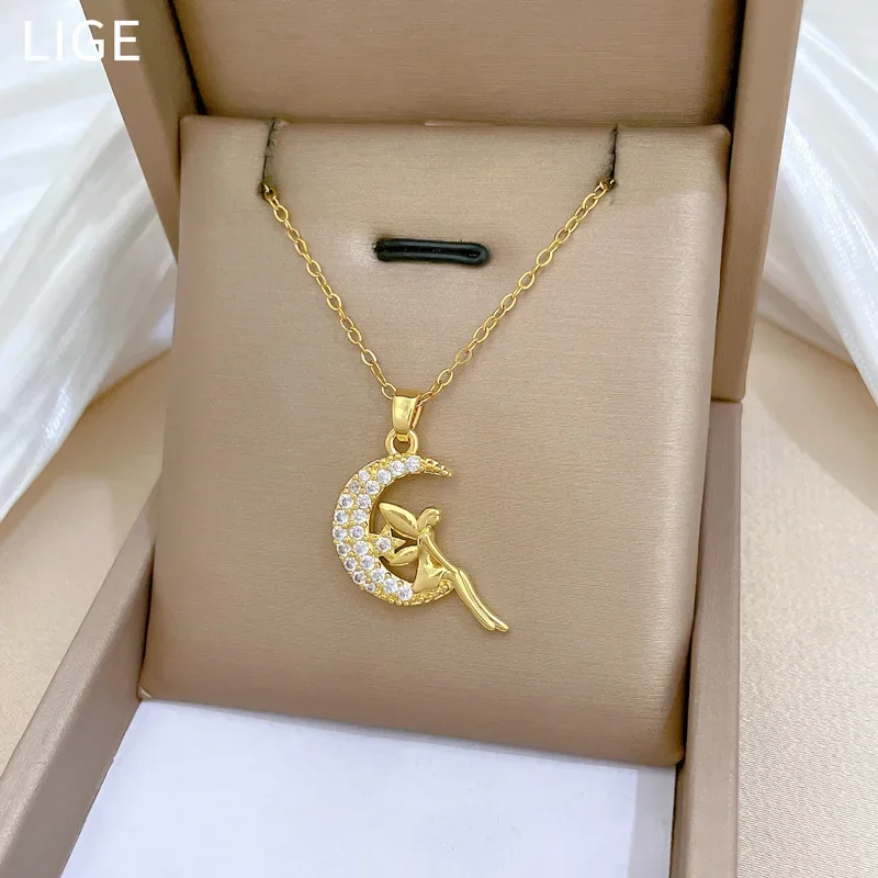 

Luxury Gorgeous Moon Elf Full Zircon Pendant Necklace Female Versatile Clavicle Titanium Steel Chain