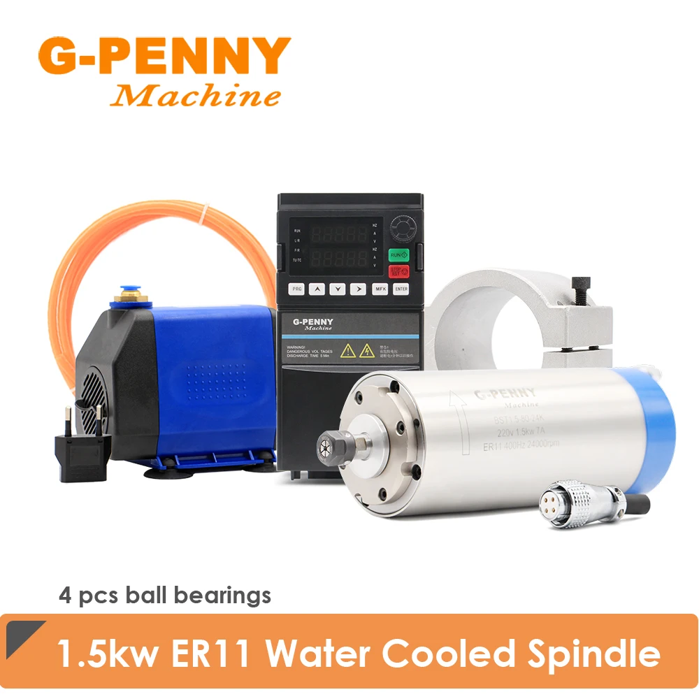 G-PENNY 1.5kw ER11 220V 380V Water Cooled Spindle Motor Kit 1.5kw YL42 Inverter 80mm Bracket Water Pump