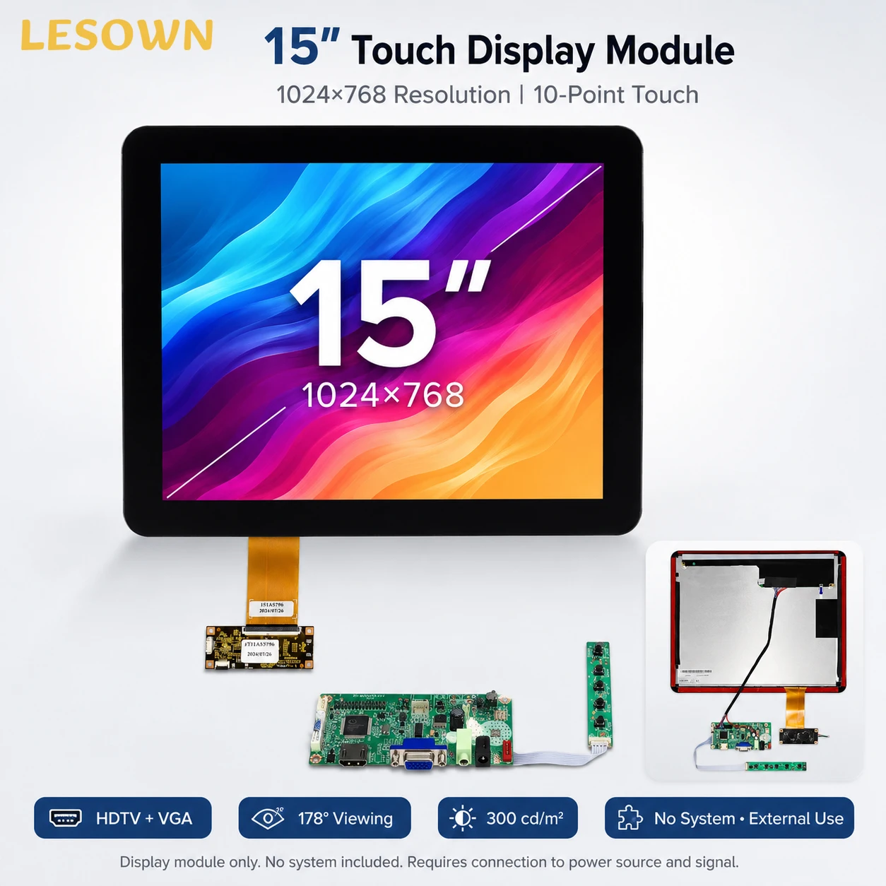 LESOWN 15 Inch LCD Display Module Touch Screen 1024x768 Capacitive Panel Embedded Monitor Industrial DIY HDTV VGA